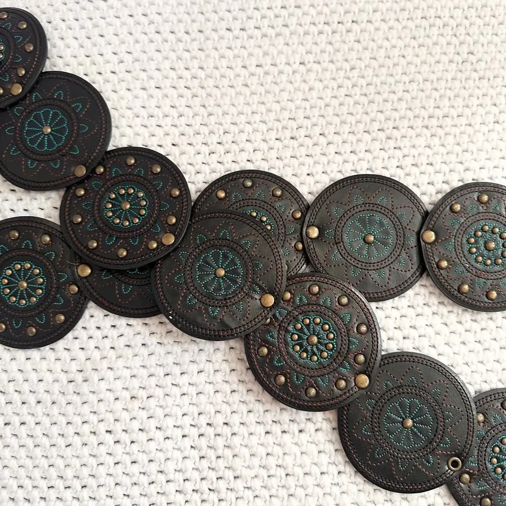 Chico's Vintage Black Faux Leather Disc Embroidered Turquoise Boho Waist Belt L